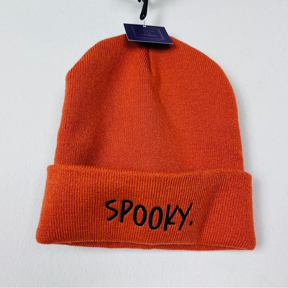 DAVID & YOUNG Orange Knit Halloween SPOOKY Beanie Hat Unisex Comfy Fall NWT